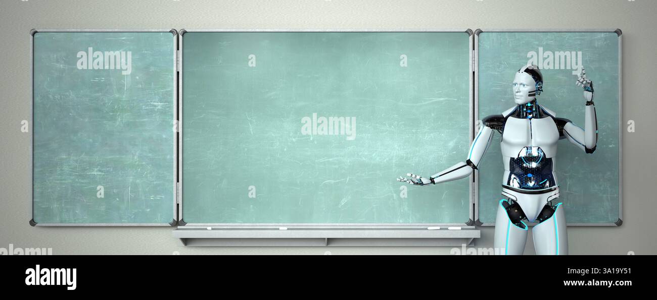 Humanoid robot in the classroom with a green chalkboard. 3d illustration. Stock Photo