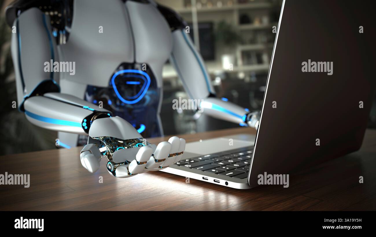 Humanoid robot typing on computer in office. 3d illustration. Stock Photo