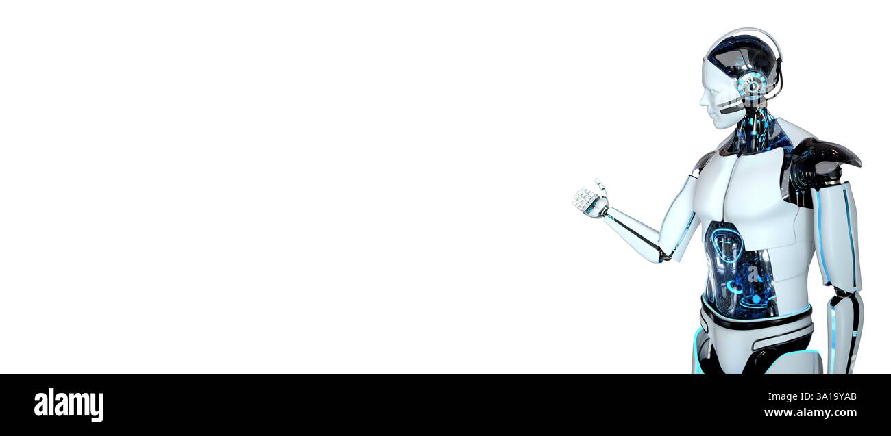 A white humanoid robot in the front of a white background. 3d ...