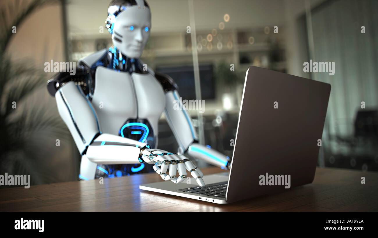 Humanoid robot typing on computer in office. 3d illustration. Stock Photo