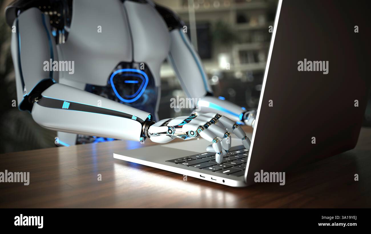 Humanoid robot typing on computer in office. 3d illustration Stock ...
