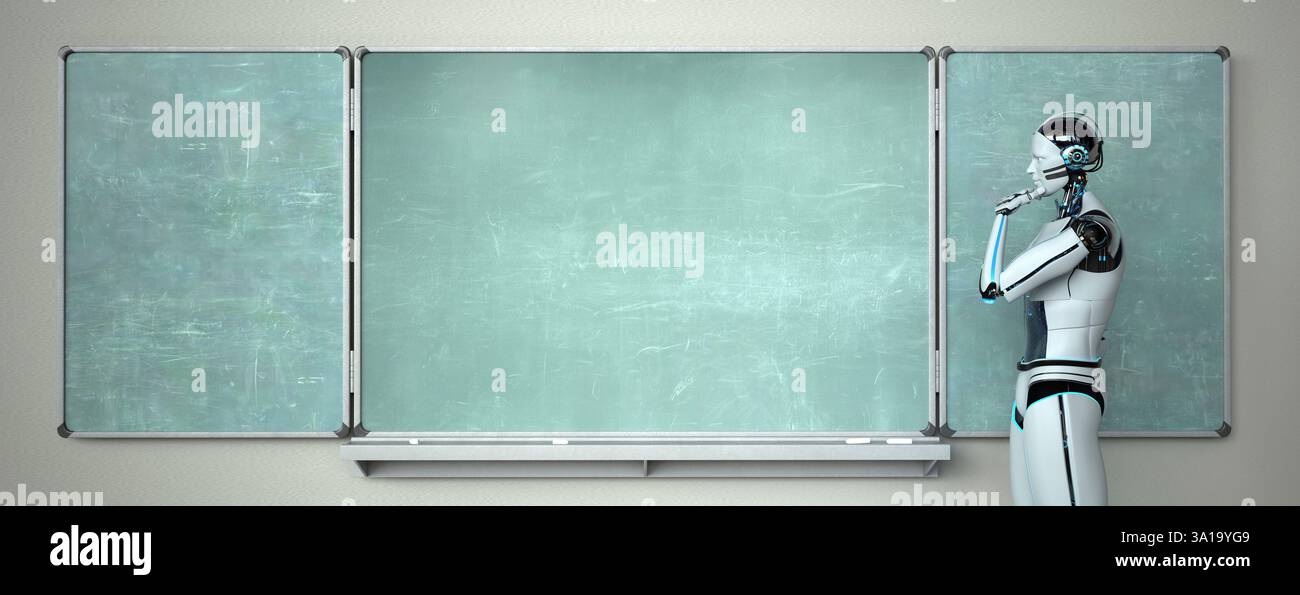 Humanoid robot in the classroom with a green chalkboard. 3d illustration. Stock Photo