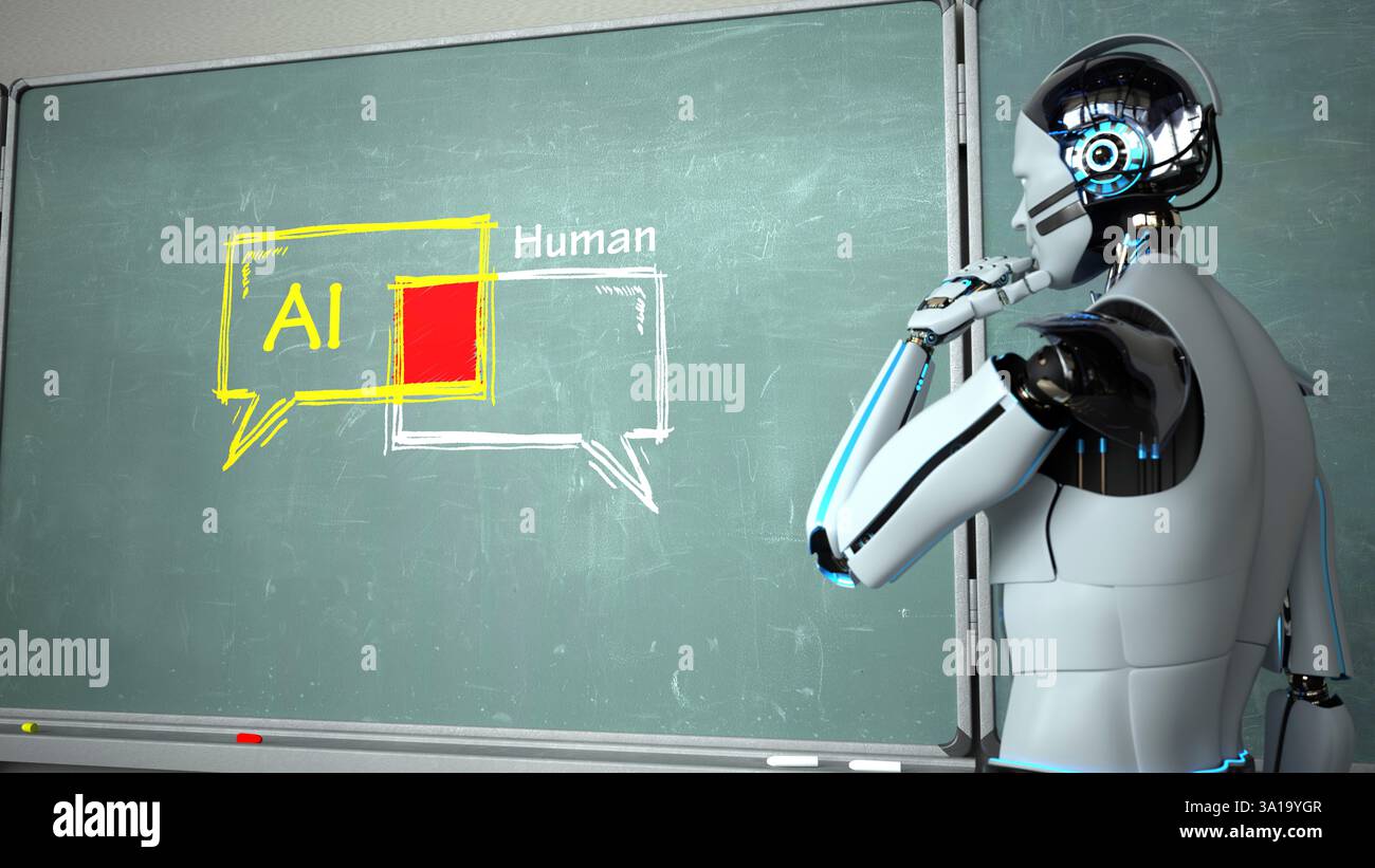 Humanoid robot as AI teacher with the chalk board in a classroom. 3d illustration. Stock Photo