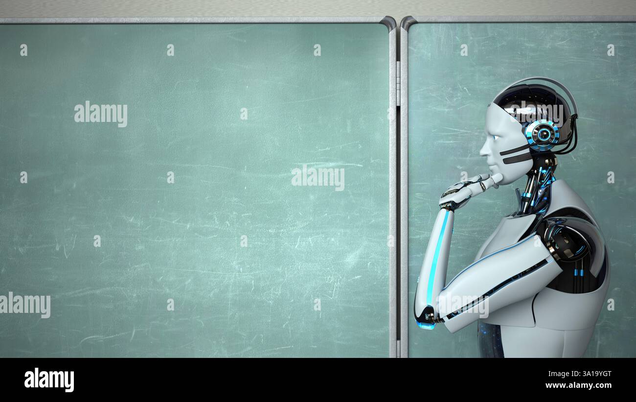 Humanoid robot in the classroom with a green chalkboard. 3d illustration. Stock Photo