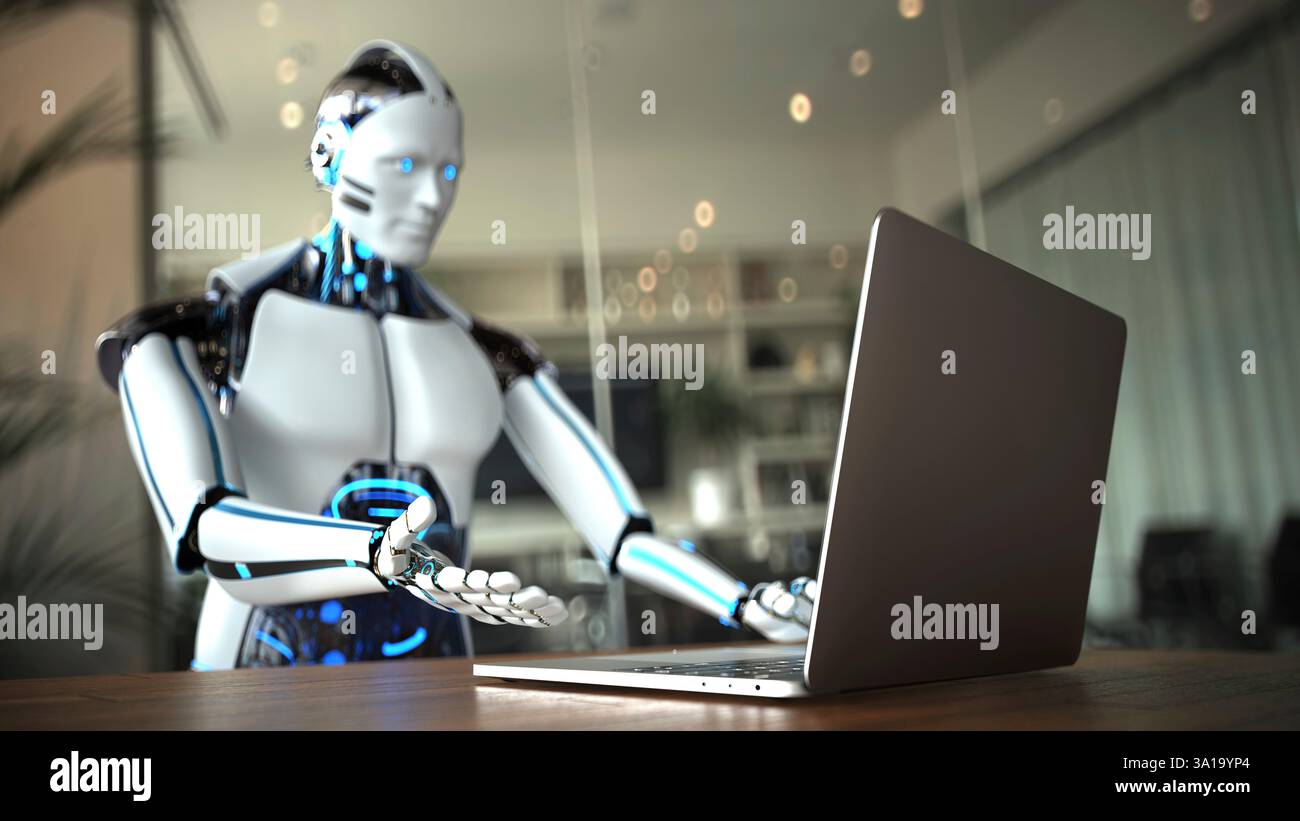Humanoid robot typing on computer in office. 3d illustration. Stock Photo