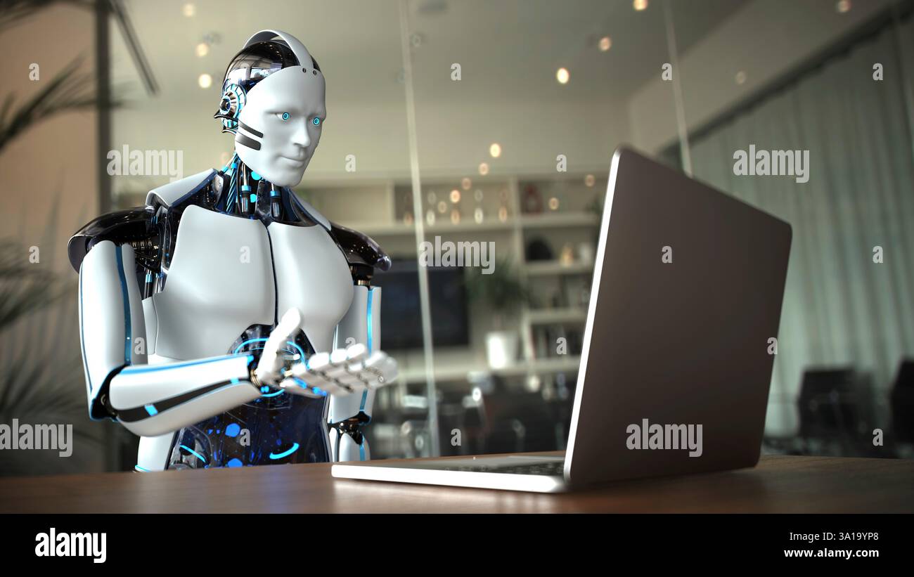 Humanoid robot typing on computer in office. 3d illustration. Stock Photo