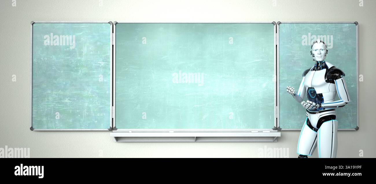 Humanoid robot in the classroom with a green chalkboard. 3d illustration. Stock Photo