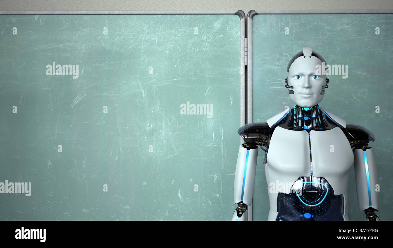 Humanoid robot in the classroom with a green chalkboard. 3d illustration. Stock Photo