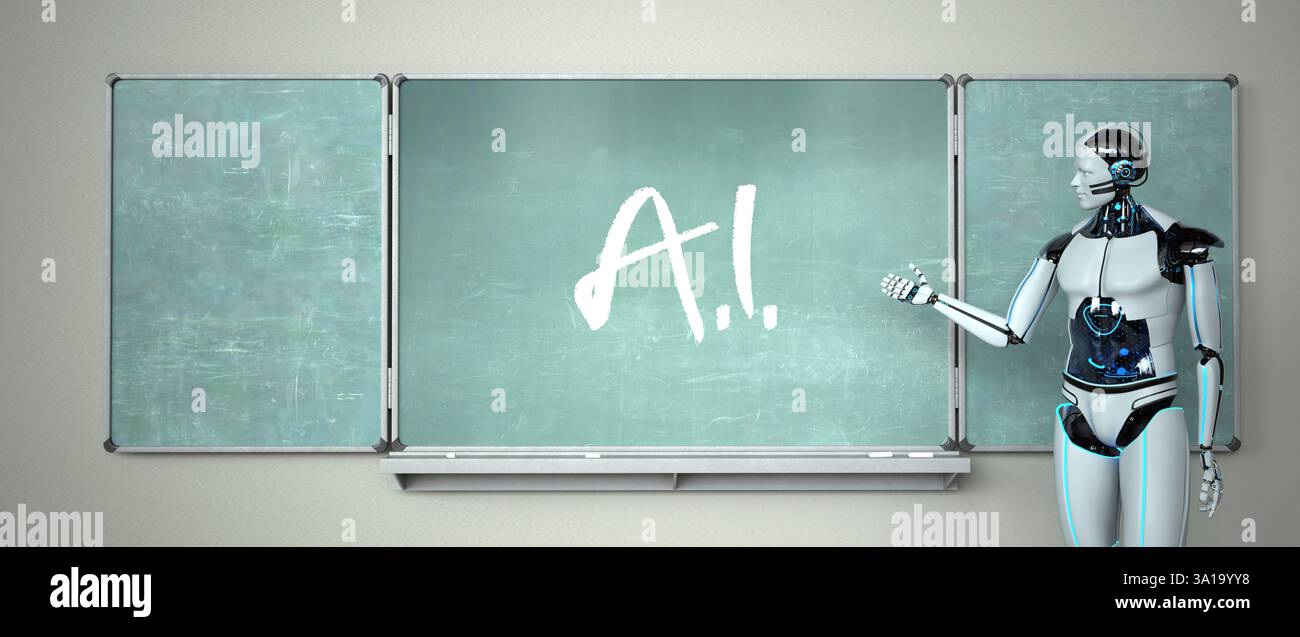 Humanoid robot in the classroom with a green chalkboard. 3d illustration. Stock Photo