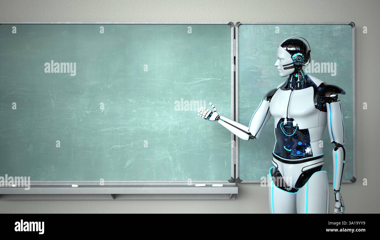 Humanoid robot in the classroom with a green chalkboard. 3d illustration. Stock Photo