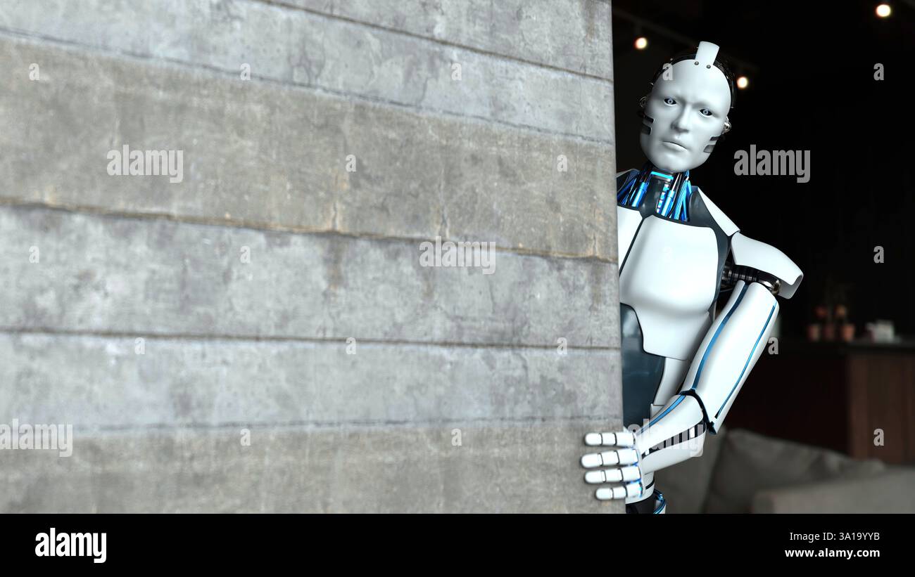 Humanoid robot spies behind the wall. 3d illustration. Stock Photo