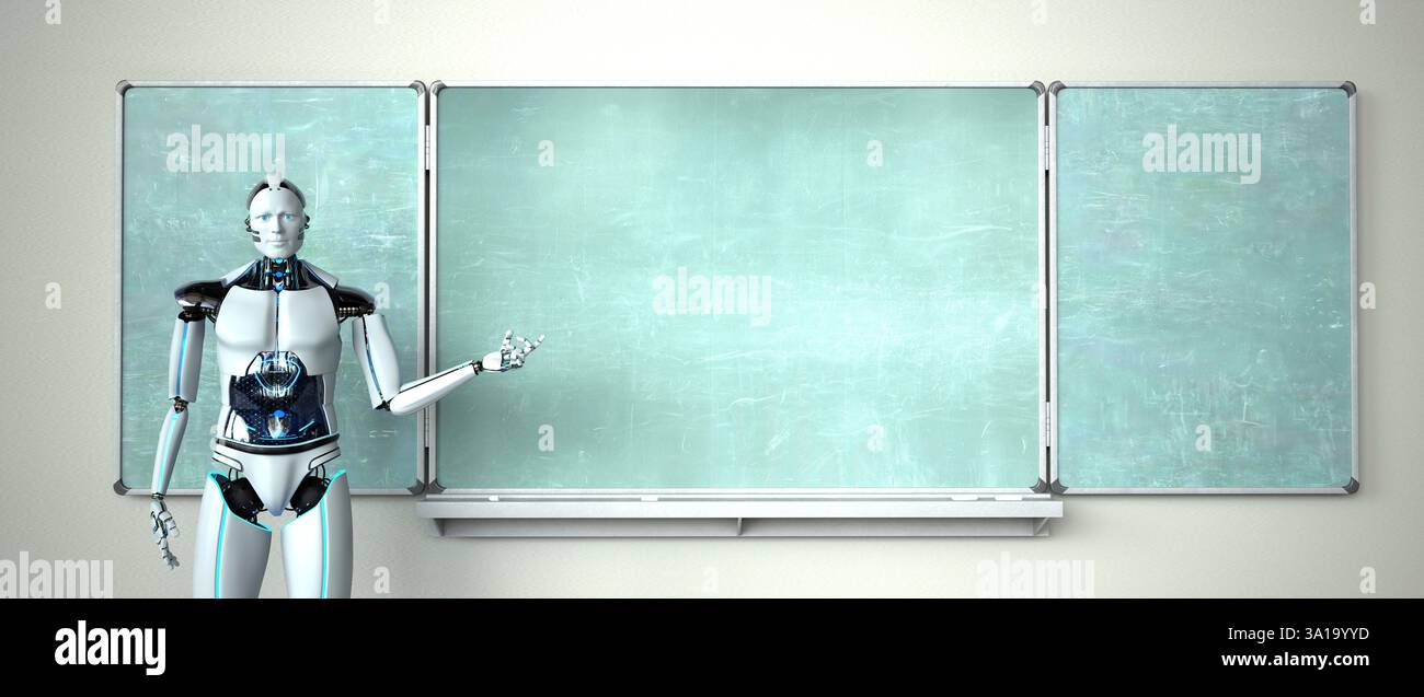 Humanoid robot in the classroom with a green chalkboard. 3d illustration. Stock Photo
