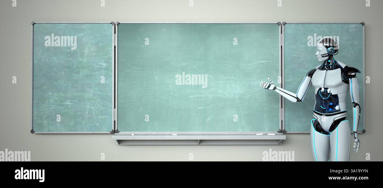 Humanoid robot in the classroom with a green chalkboard. 3d illustration. Stock Photo