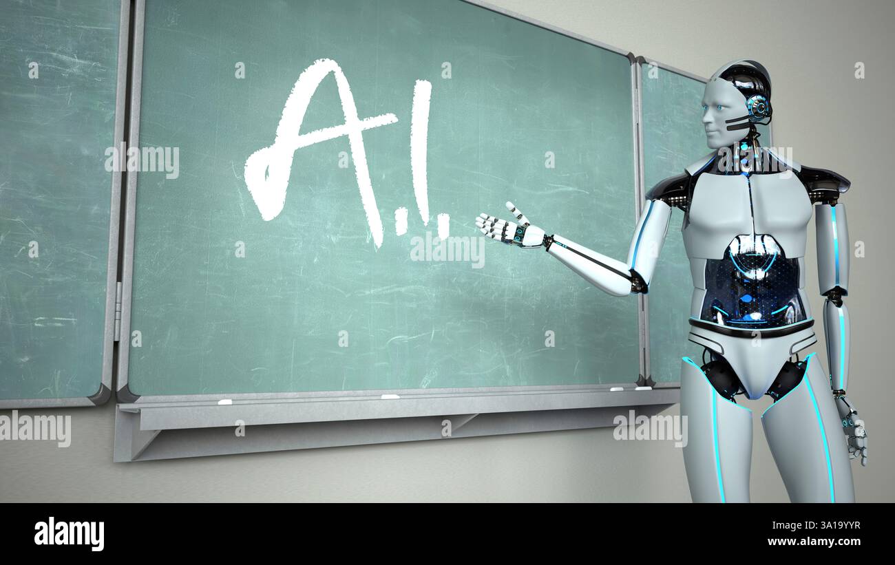 Humanoid robot in the classroom with a green chalkboard. 3d illustration. Stock Photo