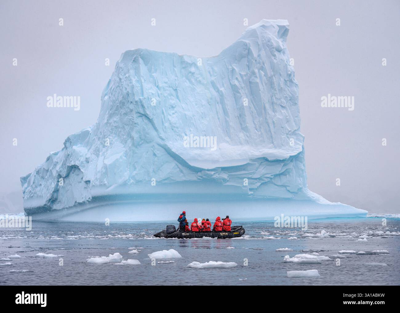 Photography workshop participants in a Zodiac viewing an iceberg in Cierva Cove, Antarctica. Stock Photo