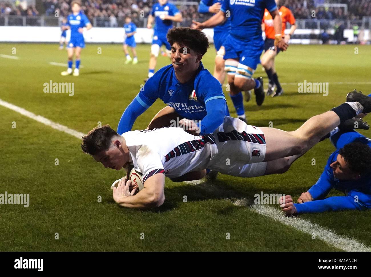 England's Angus Hall scores his side's fourth try of the game during ...