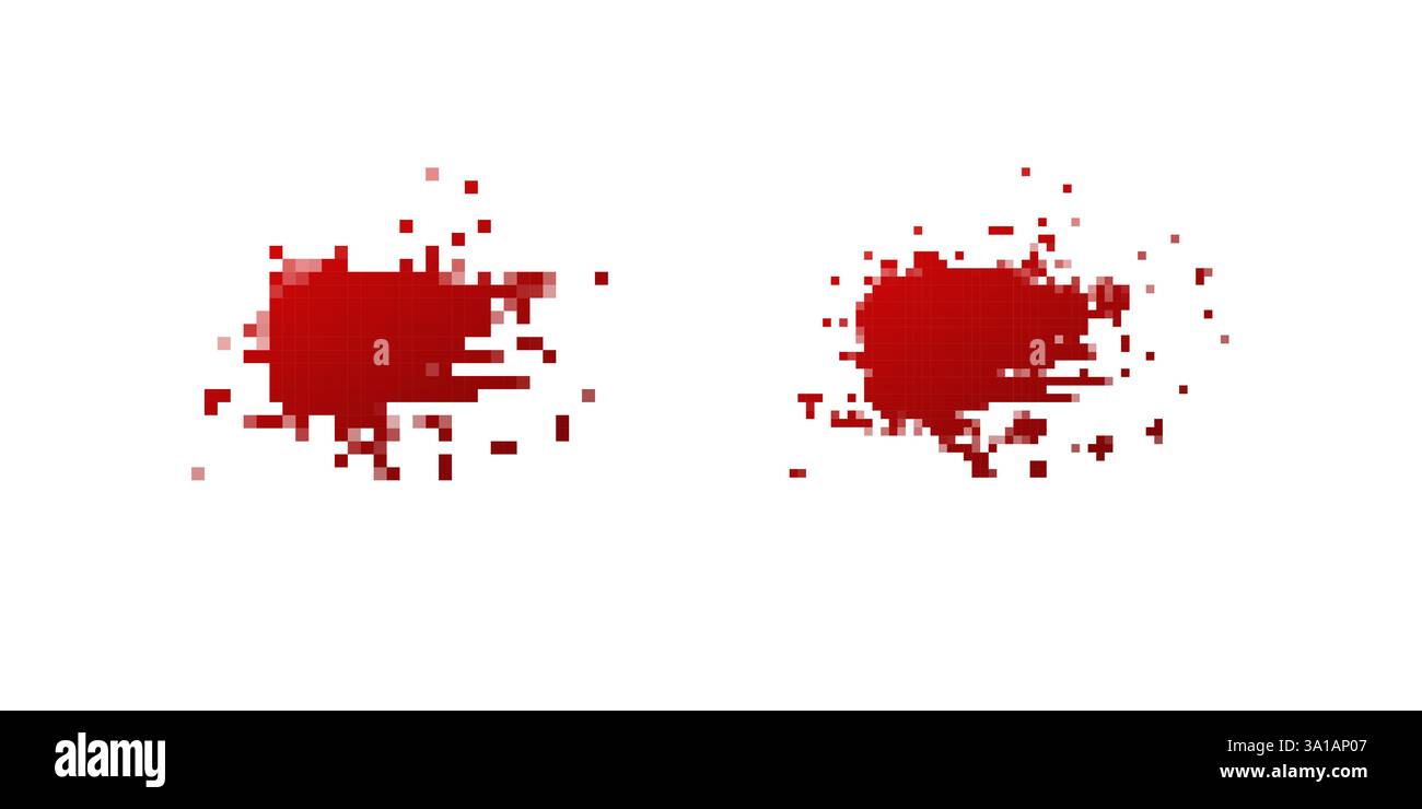 Red paint splatters in square pixel form with intense color and ...
