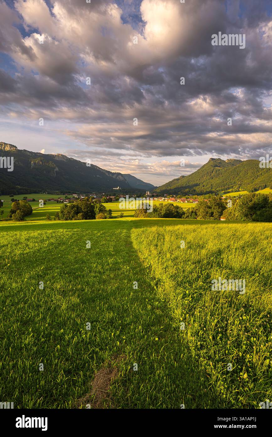 Aschau am Chiemsee with church and Hohenaschau Castle, Chiemgau, Bavaria, Germany Stock Photo