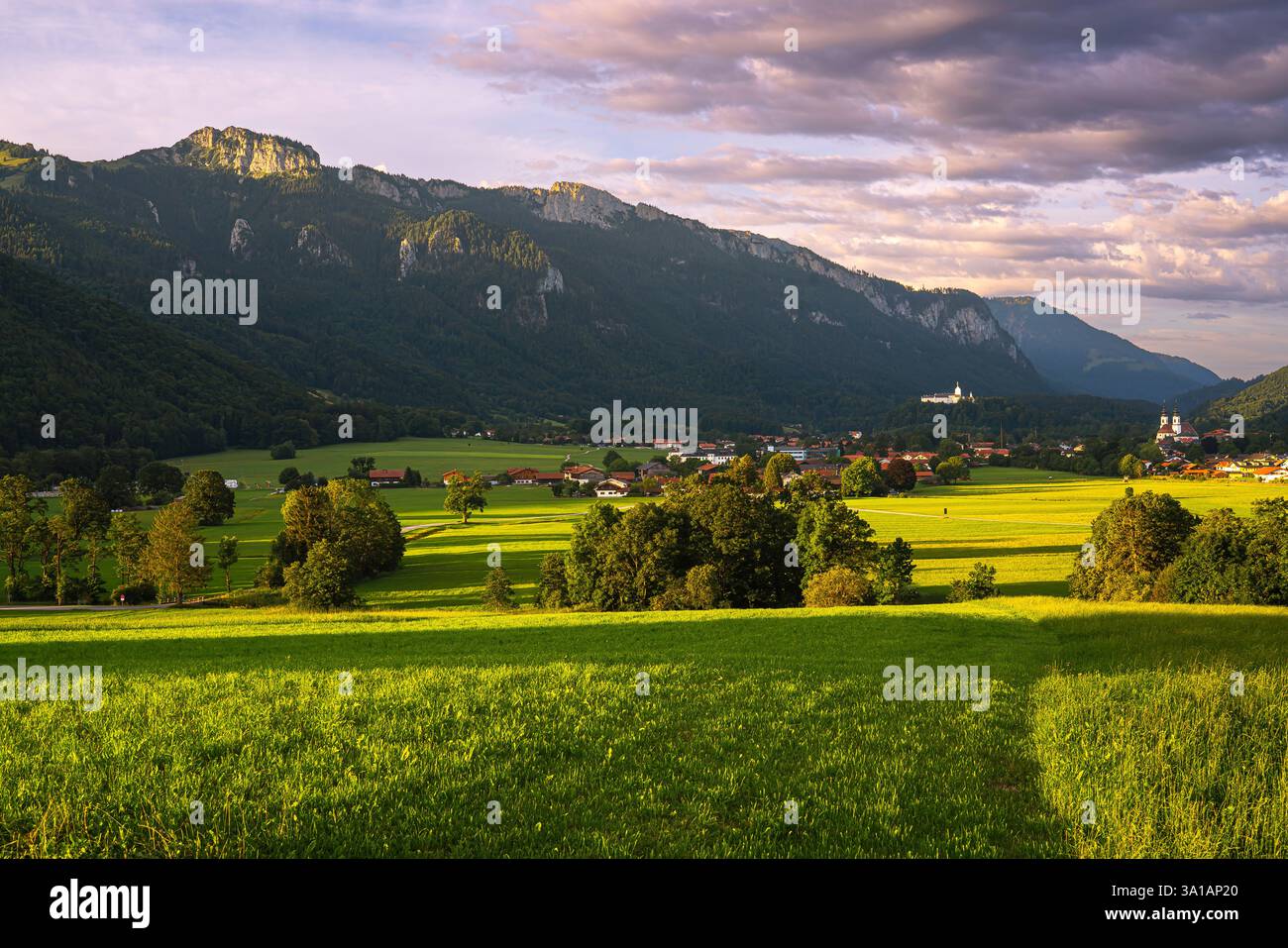 Aschau am Chiemsee with church and Hohenaschau Castle, Chiemgau, Bavaria, Germany Stock Photo