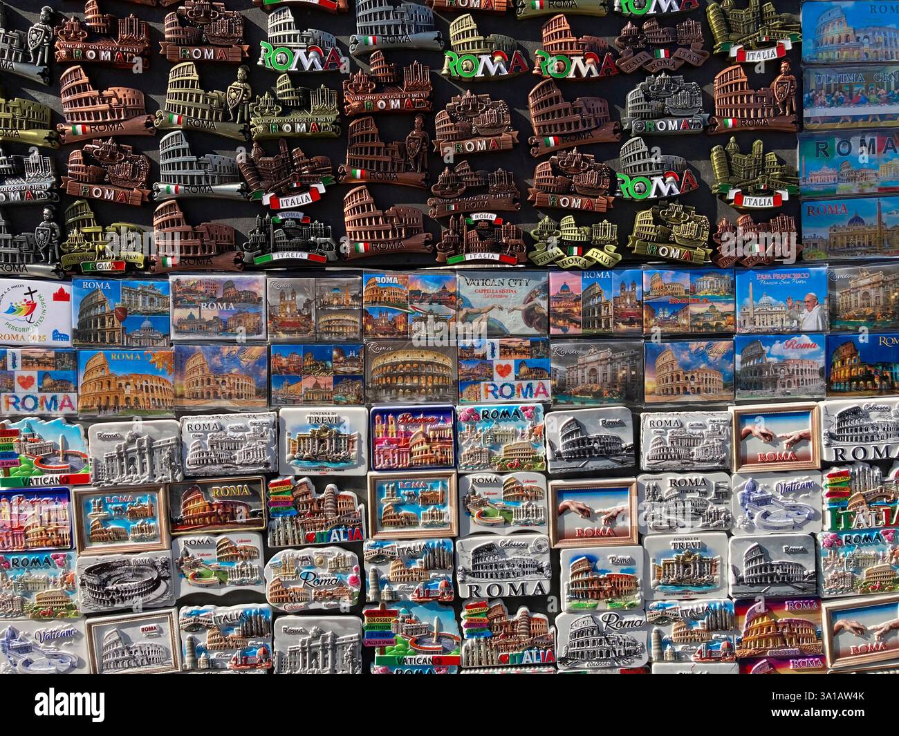 Italy, Lazio, Rome, Tourist Fridge Magnets and Souvenirs on Sale - Smartphone Captured Stock Image