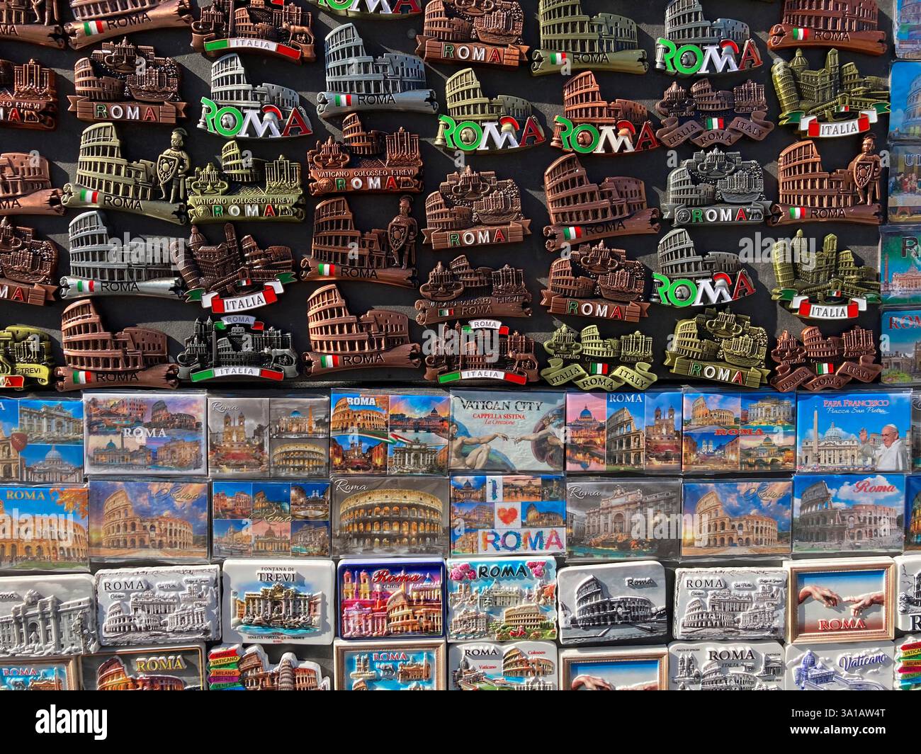 Italy, Lazio, Rome, Tourist Fridge Magnets and Souvenirs on Sale - Smartphone Captured Stock Image