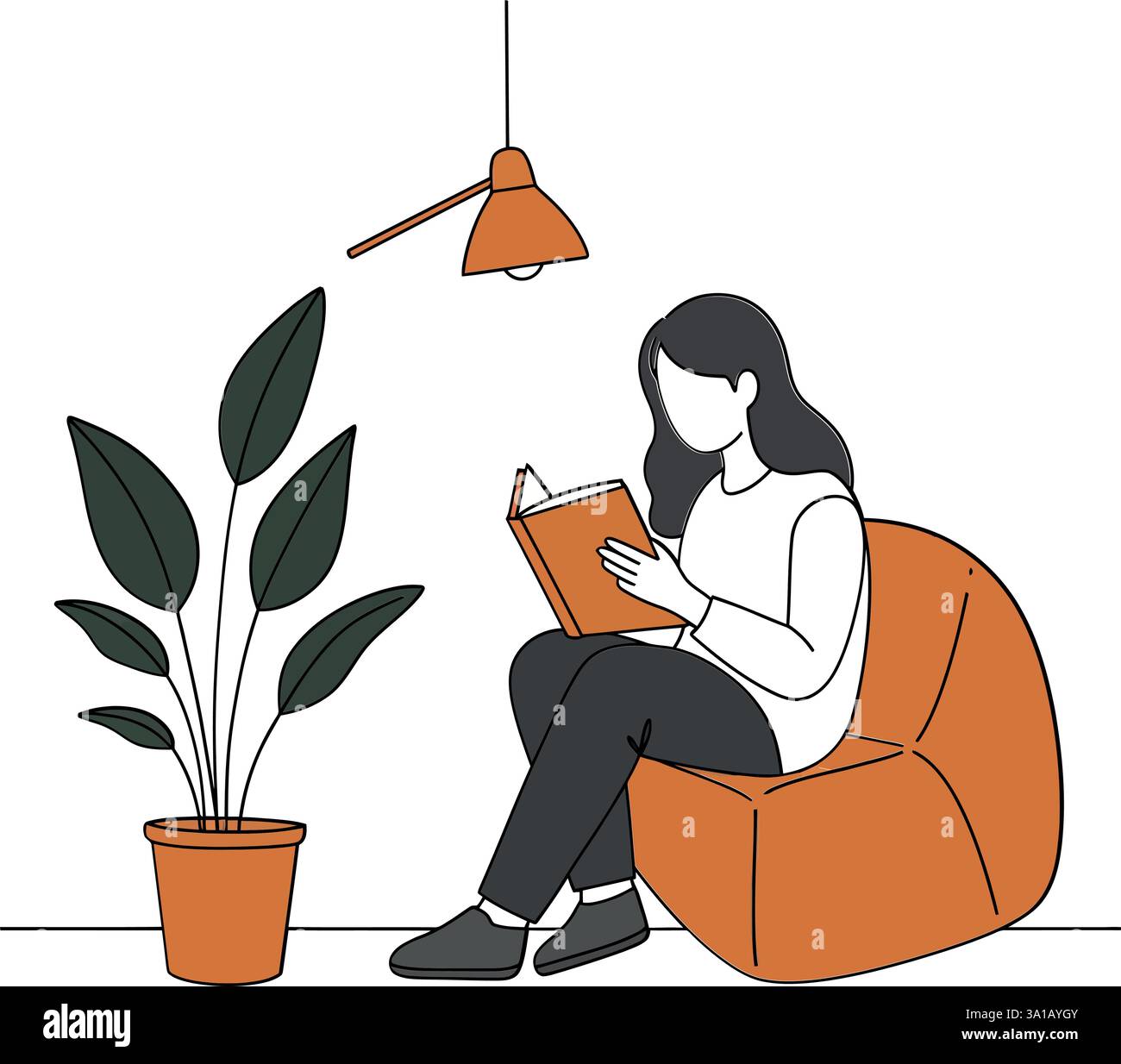 A woman with long hair sits comfortably, engrossed in her book ...