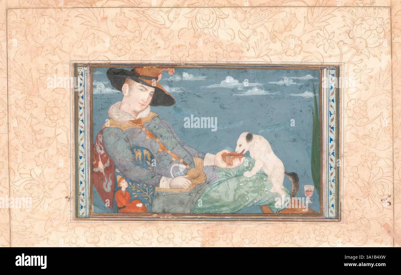 European man feeding a dog, 1634-1900. Stock Photo
