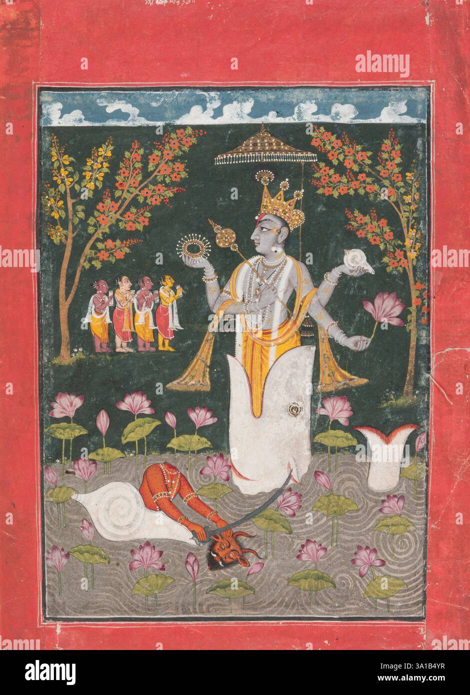 Matsya Avatar of Vishnu: The Slaying of Sankh asura, 1730-1740. Stock Photo