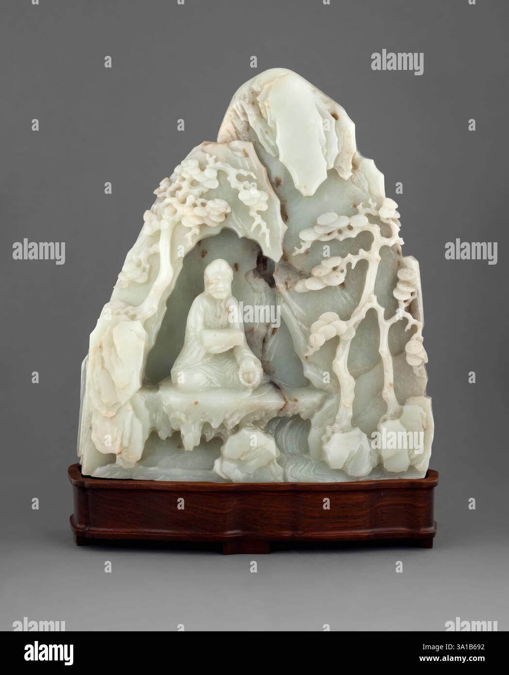 Arhat seated in cave (reverse side has pagoda, trees, rockery &amp; cranes), 1735-1795. Stock Photo