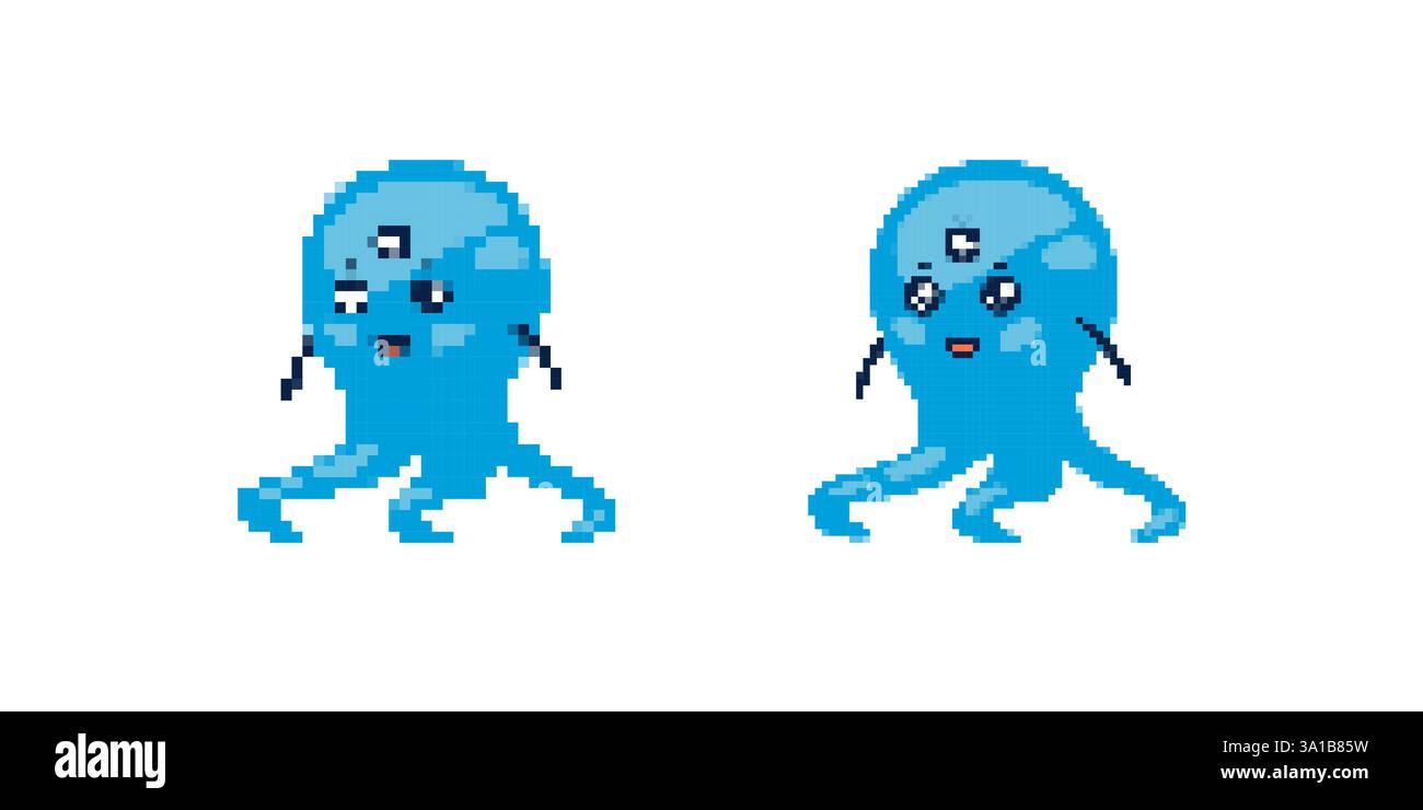Pixel art octopus with three eyes depicted in a fun playful cartoon ...