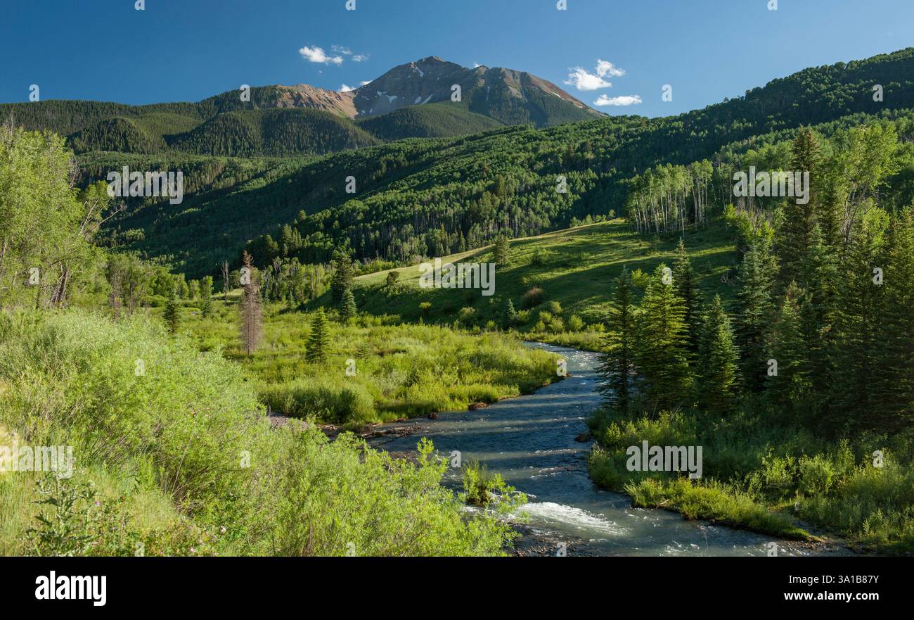 Sunshine Mountain and the South Fork of the San Miguel River in Colorado's San Juan mountains. Stock Photo