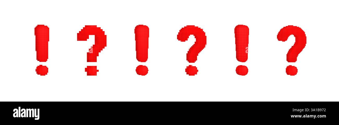 Pixelated red exclamation and question marks on white background, bold digital punctuation Stock Vector