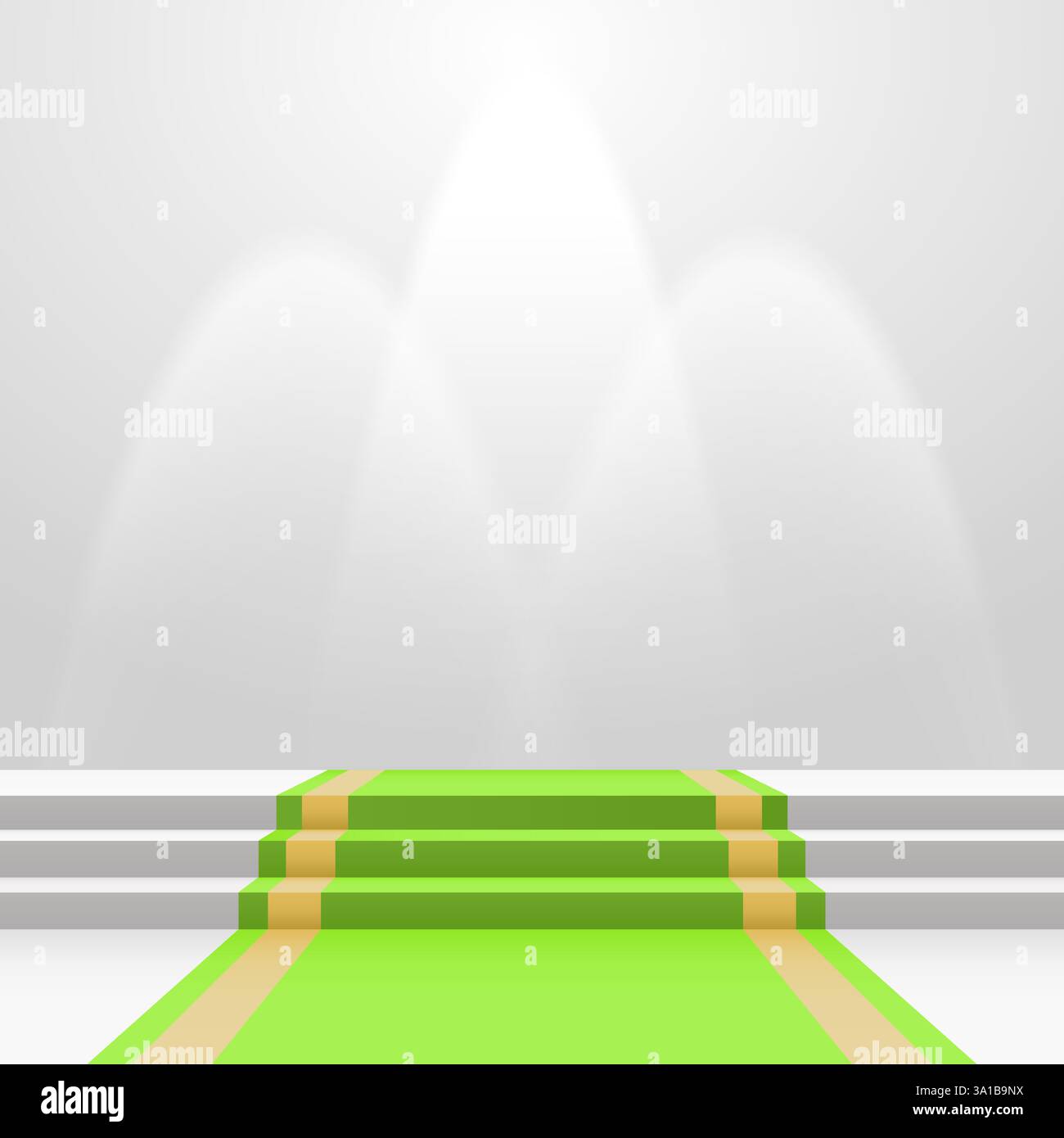 Green carpet on stairs with spot lights illuminating a podium. Blank template illustration with space for an object, person, logo, text. Vector illust Stock Vector