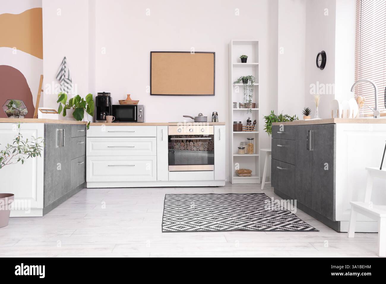 Interior of light kitchen with counters and carpet Stock Photo - Alamy