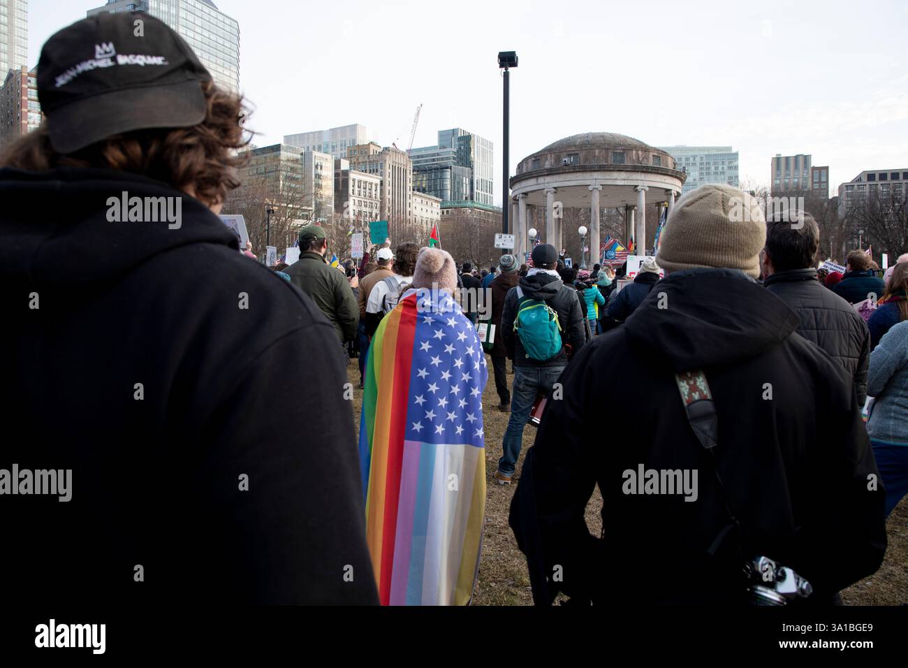 People protesting Donald Trump and Elon Musk at the Boston Commons in ...