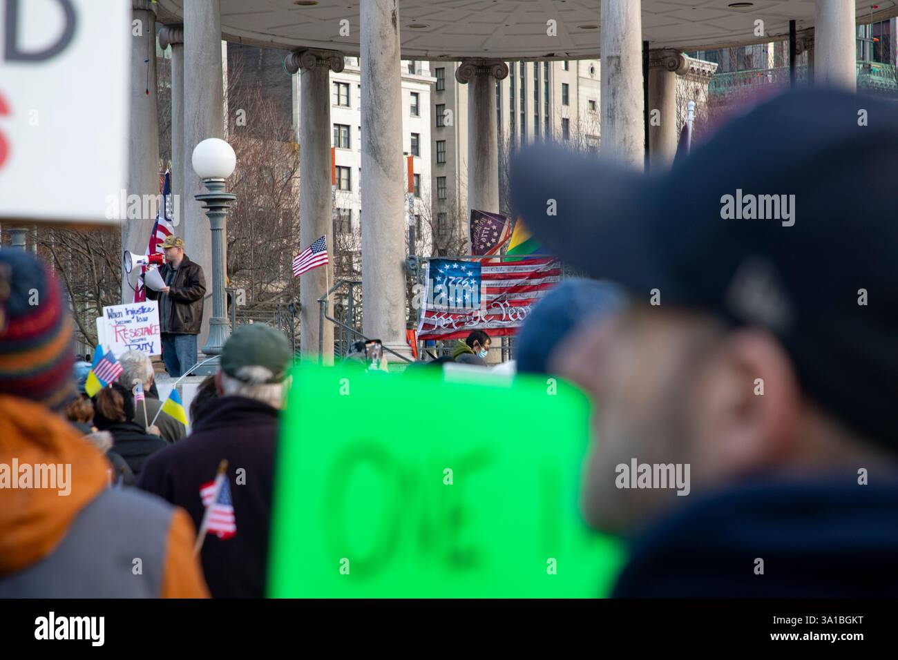 People protesting Donald Trump and Elon Musk at the Boston Commons in ...