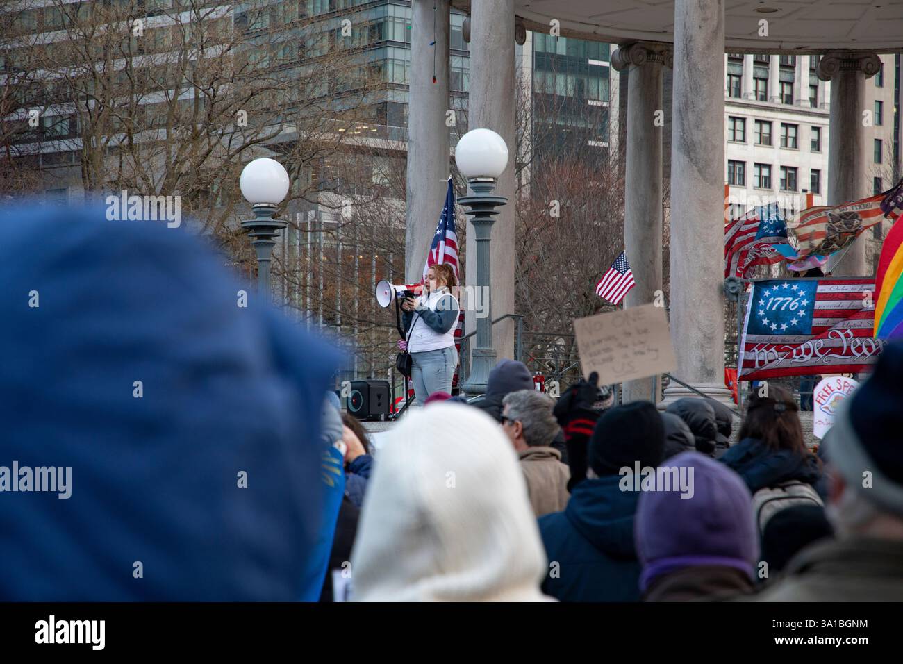 People protesting Donald Trump and Elon Musk at the Boston Commons in ...