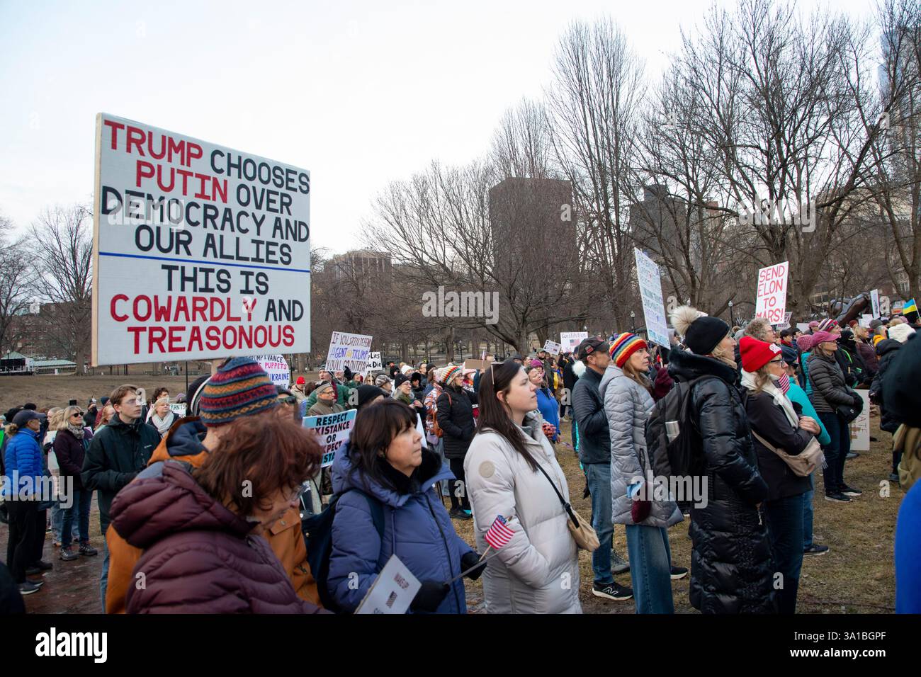 People protesting Donald Trump and Elon Musk at the Boston Commons in ...
