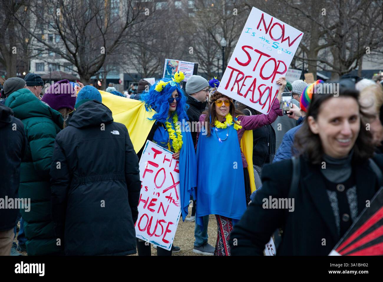 People protesting Donald Trump and Elon Musk at the Boston Commons in ...