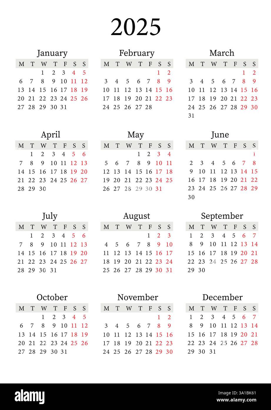2025 Yearly Calendar Vector Vertical, Monday Start, Clean Design ...