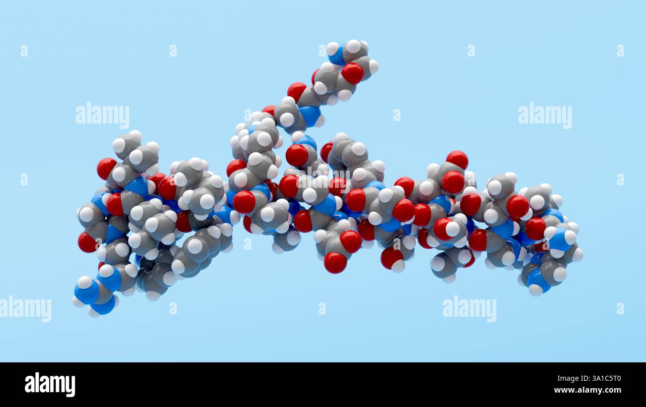 synthetic semaglutide Illustration of a semaglutide molecule, which is a synthetic glucagon-like  peptide-1 (GLP-1) receptor agonist. Semaglutide is commonly prescribed for  the treatment of type 2 diabetes, as it helps to regulate blood sugar