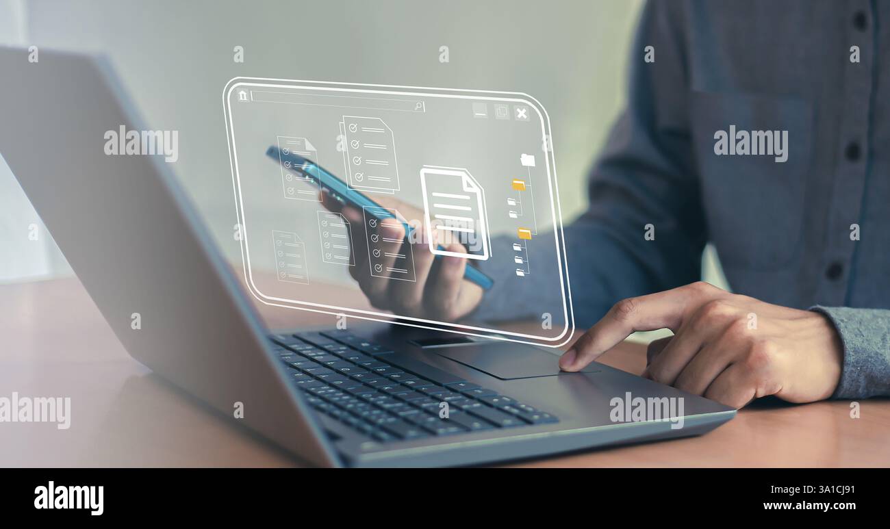 Virtual screen shows the document folder on the screen. Stock Photo