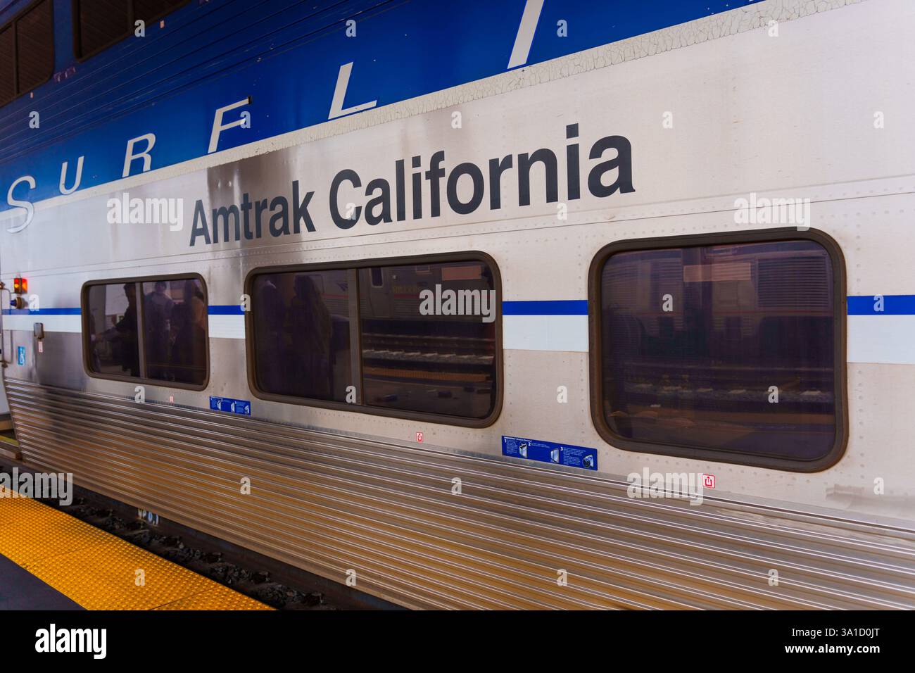 Los Angeles, California - December 30, 2024: Close-up view of an Amtrak California Surfline train car, highlighting the logo and sleek design with ref Stock Photo
