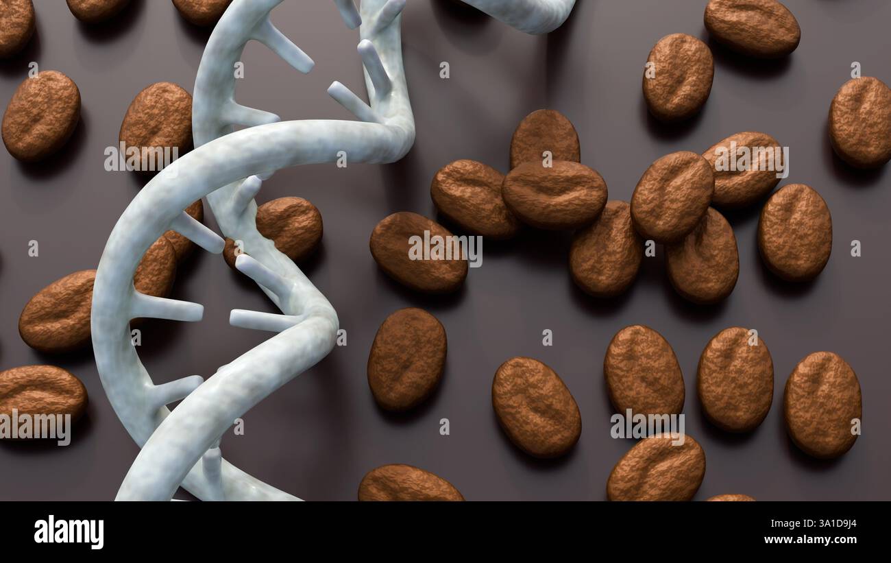 A 3D rendering depicts several scattered, roasted coffee beans ...