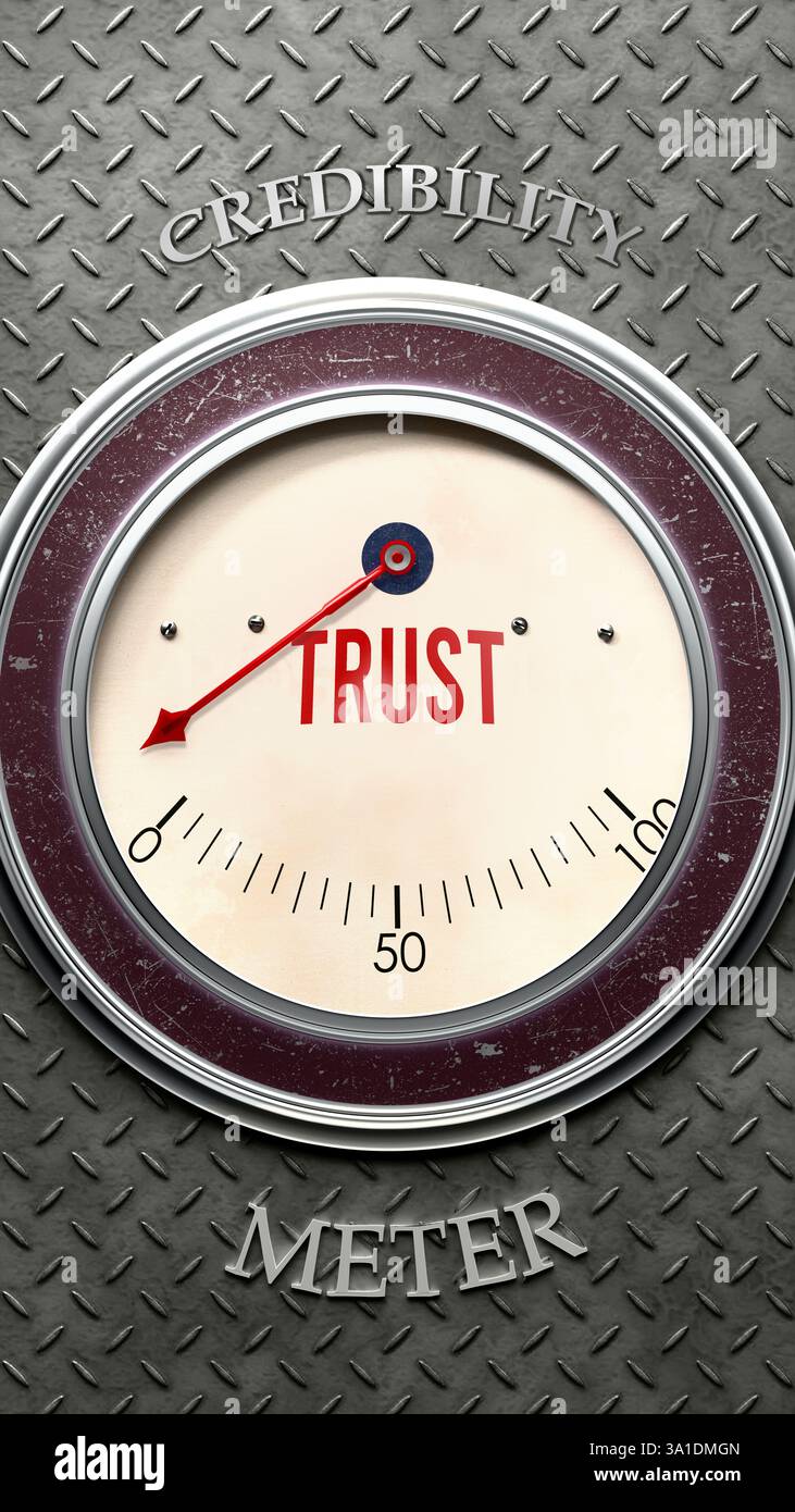 Trust and Credibility that hits less than zero, showing an extremely low level of trust, none of it, insufficient. Minimum value, below the norm. Lack Stock Photo