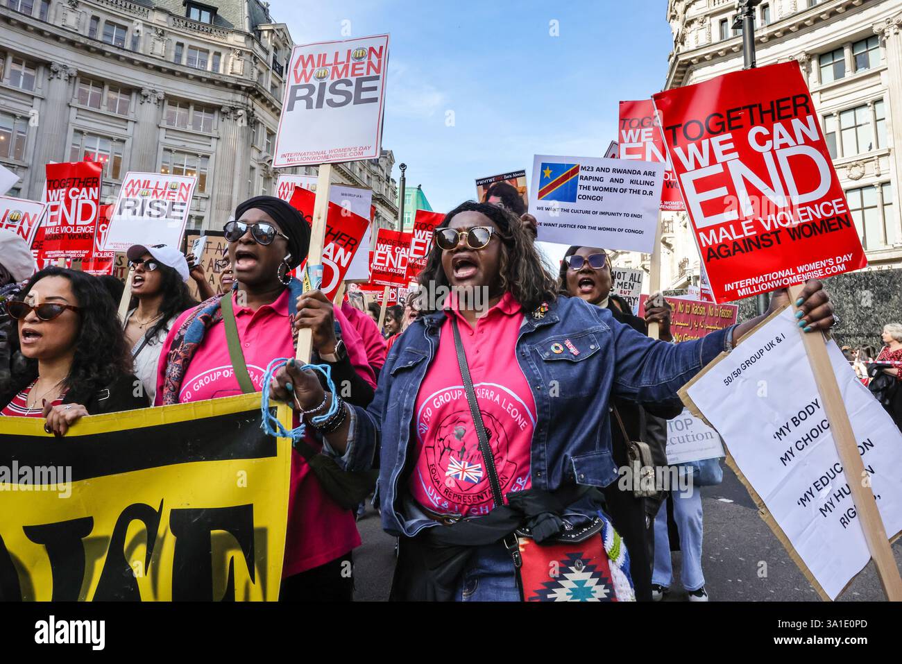 London, UK. 08th Mar, 2025. The protesters march through central London ...