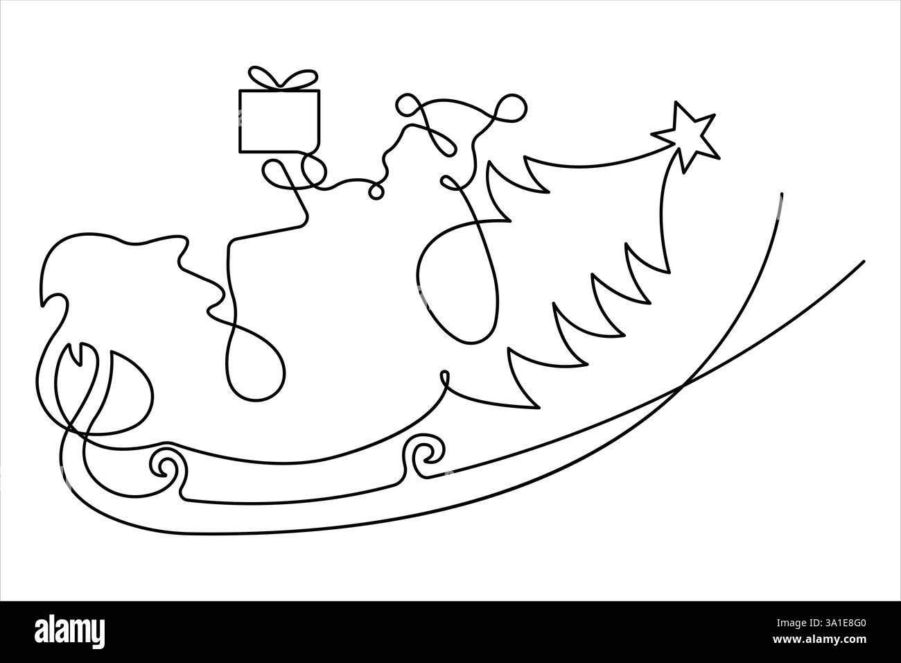 Christmas landscape continuous one line art drawing. Santa in sleigh with deer's, snowman, trees concept of Christmas vector illustrations Stock Vector