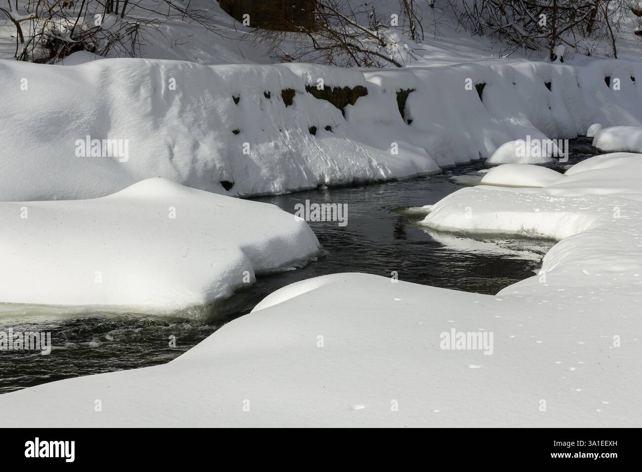 A small creek flows through a snowy forest, with snow-covered rocks and ...