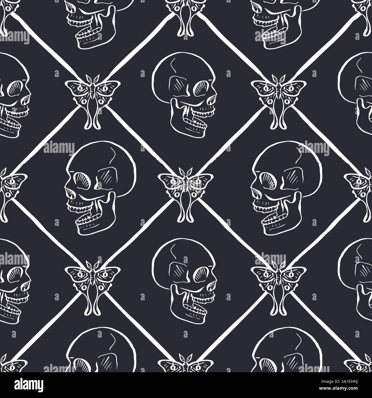 Seamless pattern with hand drawn black and white human skulls inside trellis Stock Vector