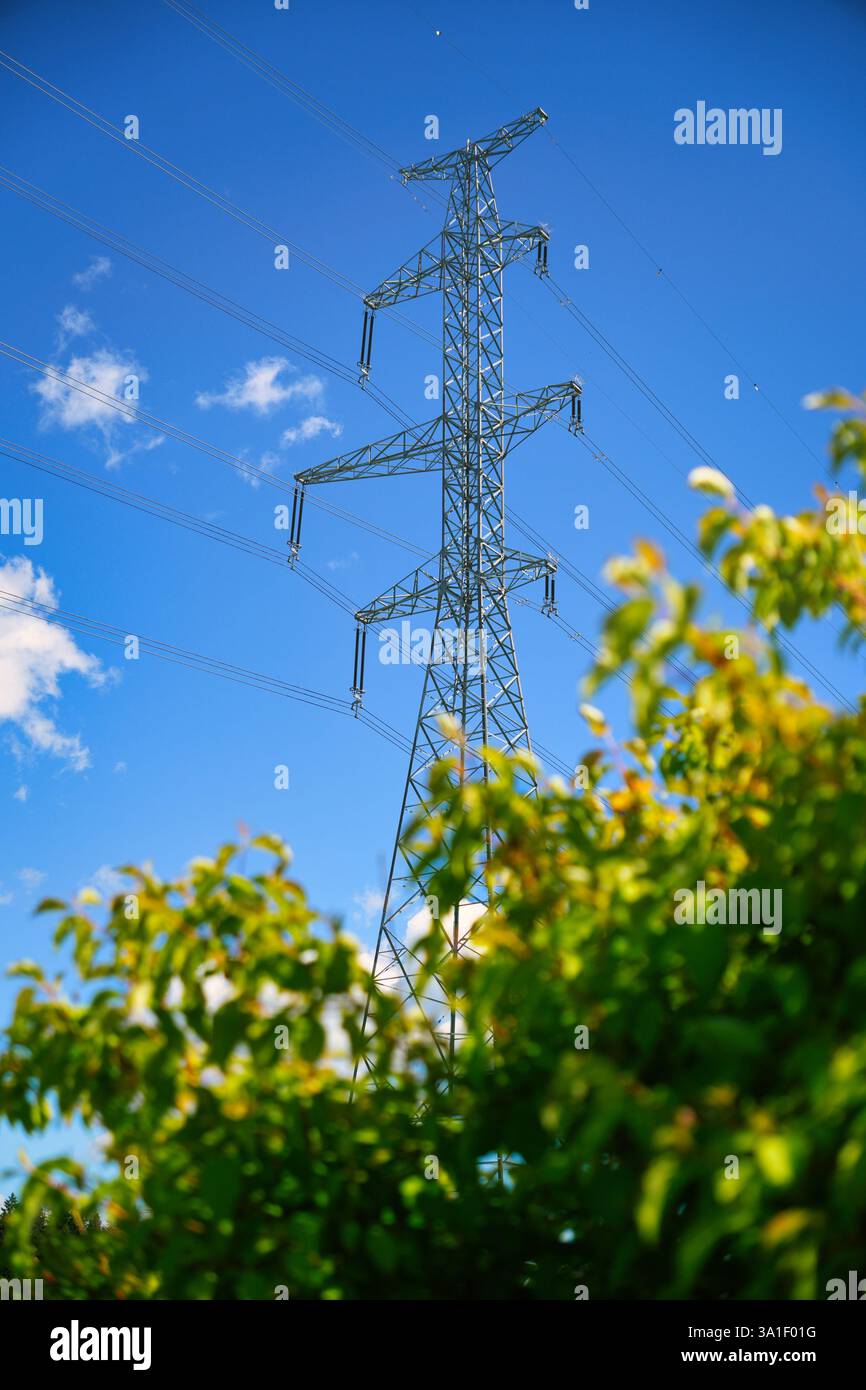 A tall electricity transmission tower stands against a clear blue sky ...